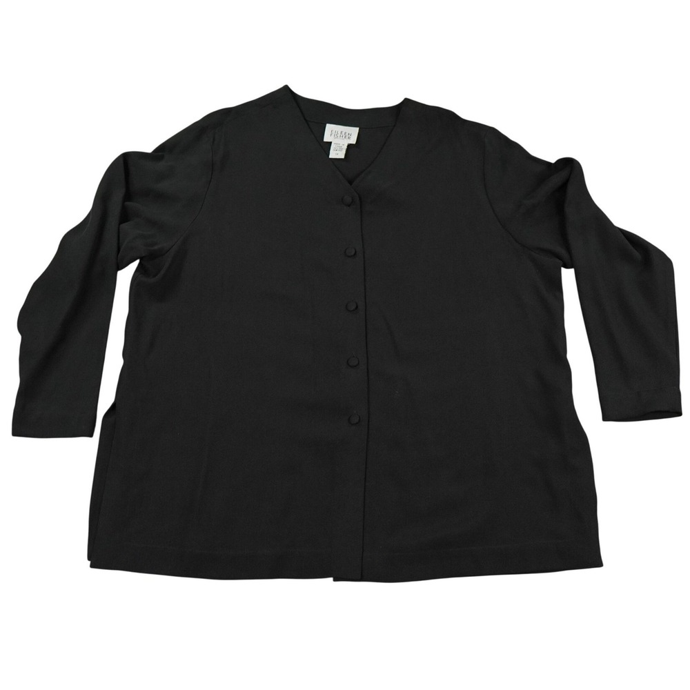 Eileen Fisher Silk Button Front Blouse Women 1X Black Silk Crepe Long Sleeve Top